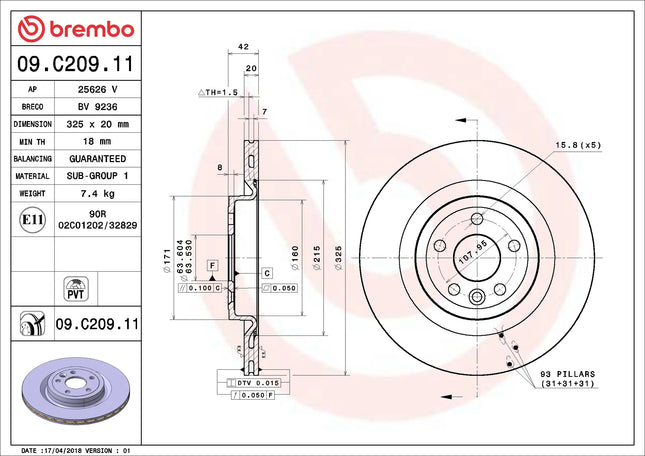 Brembo 09C20911 Rear Brake Disc - official Brembo product image