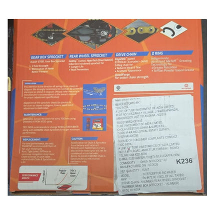 Diamond Razer chain sprocket kit features and specification label, 525 chain, MRP and kit contents