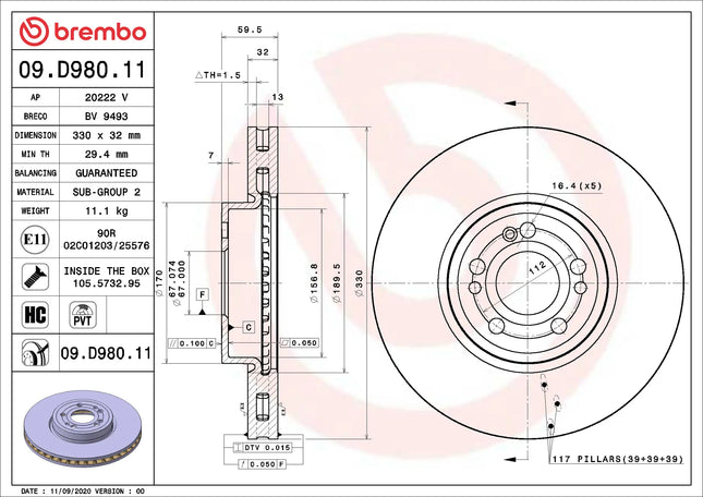 Brembo 09D98011 Front Brake Disc - official Brembo product image