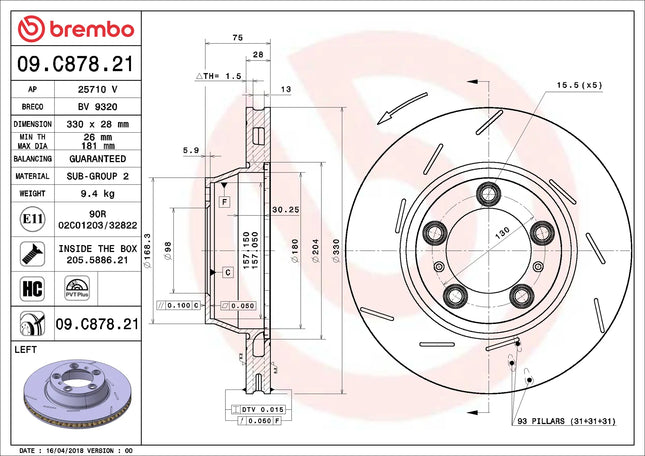 Brembo 09C87821/09C87831 Rear Brake Disc - official Brembo product image