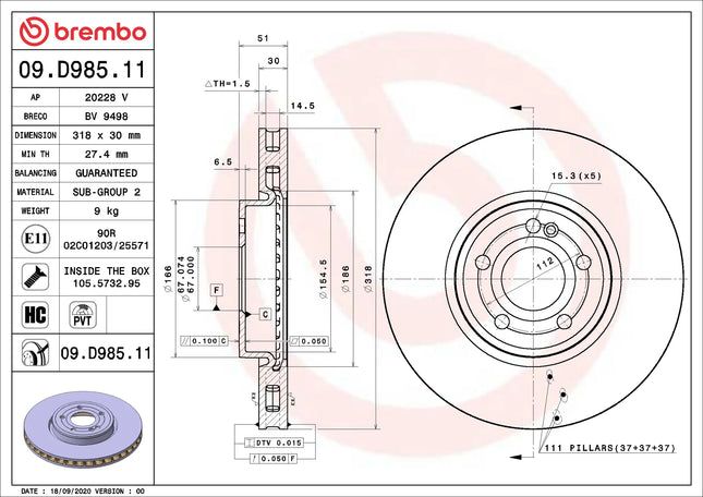 Brembo 09D98511 Front Brake Disc - official Brembo product image