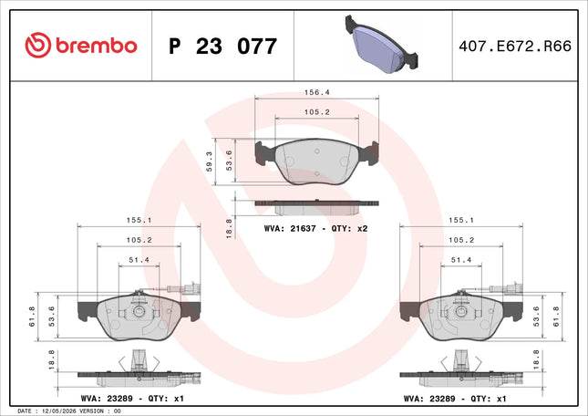 Brembo P23077 brake pad dimension drawing