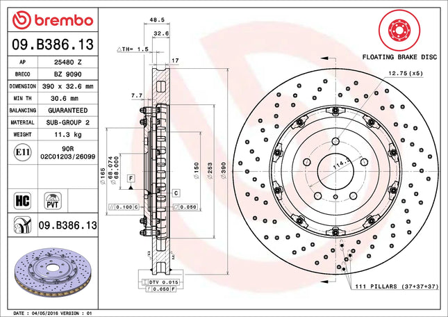 Brembo 09B38613 Front Brake Disc - official Brembo product image