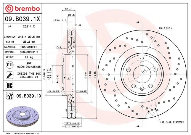 Brembo 09B0391X Front Brake Disc - official Brembo product image