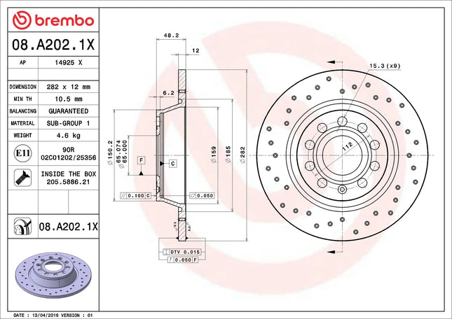 Brembo 08A2021X Rear Brake Disc - official Brembo product image