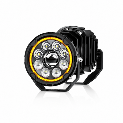 66BHP Valkyrie 4.5 inch auxiliary light, unboxed view of the pair with wiring harness and switch