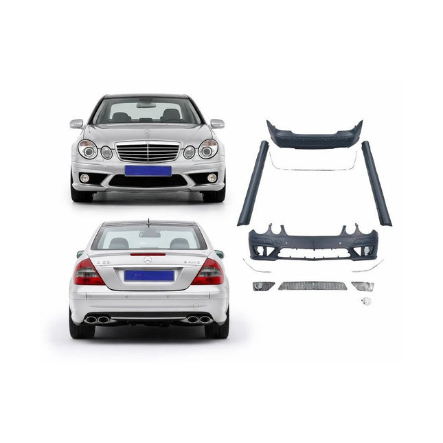 Mercedes E-Class W211 E63 AMG body kit components with converted car views