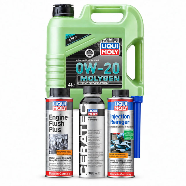 Liqui Moly Petrol Engine Service Combo Pack: Molygen New Generation 0W-20 4 litre engine oil with Engine Flush Plus, Cera Tec and Injection Cleaner 300 ml cans