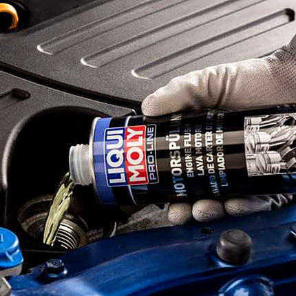 Liqui Moly Pro-Line Engine Flush being added to a car engine before an oil change