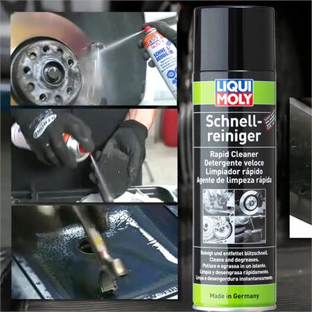 Liqui Moly car cleaner spray can with application process images.