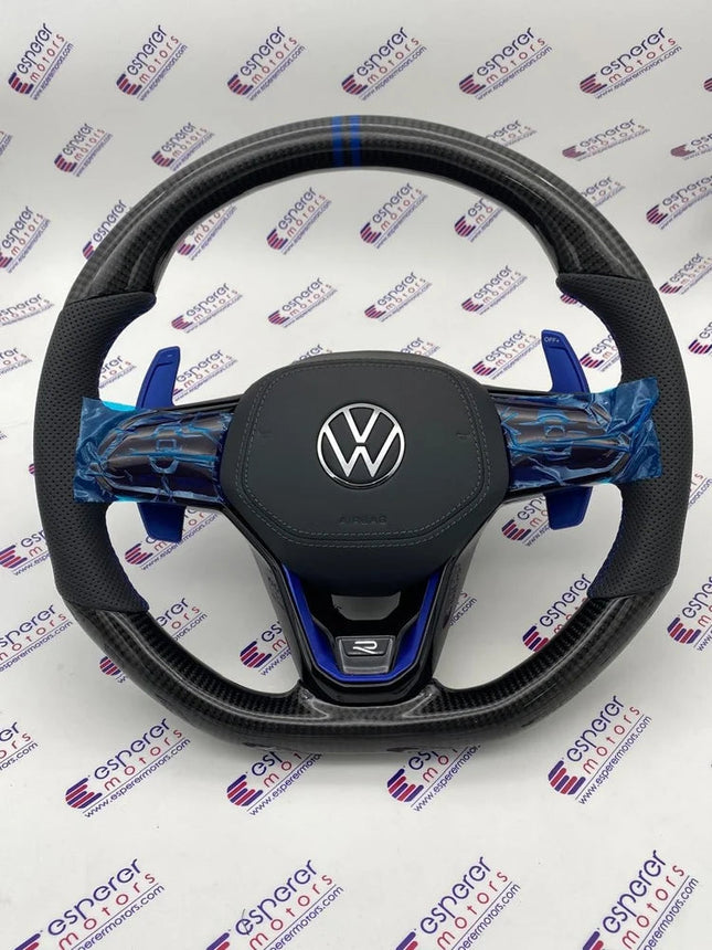 MK8 Carbon Steering Wheel with Blue Paddle Shifter Extensions for Volkswagen Virtus & Taigun