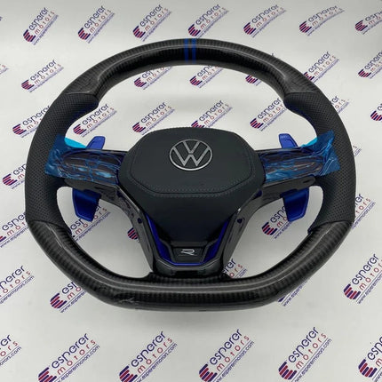 MK8 Carbon Steering Wheel with Blue Paddle Shifter Extensions for Volkswagen Virtus & Taigun – view 6