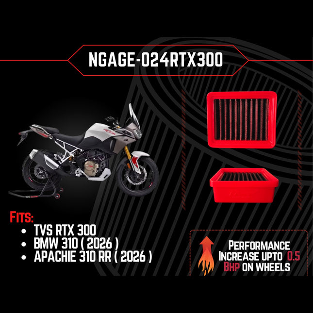 NGage air filter fitment: TVS Apache RTX 300, BMW G 310 (2026) and TVS Apache RR 310 (2026), up to 0.5 BHP gain