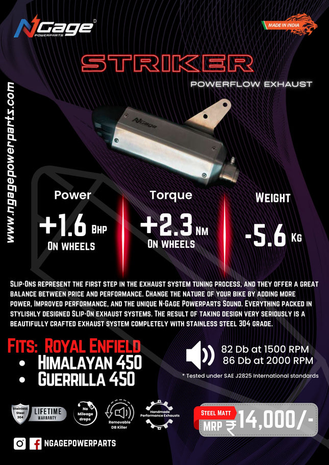 NGage STRIKER catalogue page with power, torque, weight and sound figures