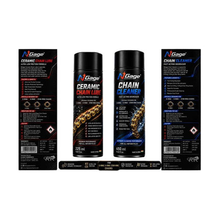 NGage chain cleaner 450 ml and ceramic chain lube 225 ml included in the TORQX combo kit
