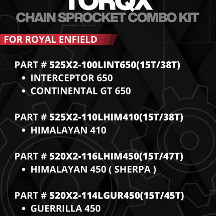 NGage TORQX catalogue page with Royal Enfield part numbers and sprocket sizes
