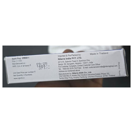 NGK IFR5G11 box label showing 1.1 mm gap, 4 plugs, made in Thailand