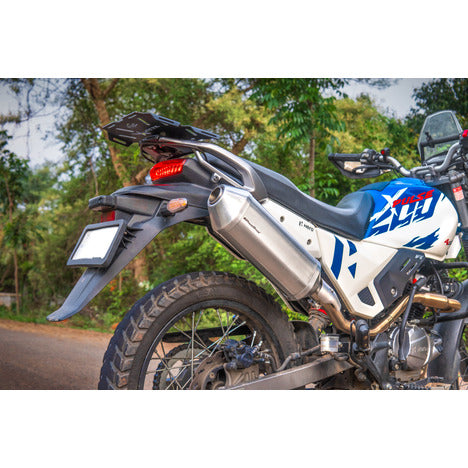 Powerage exhaust silencer fitted to a Hero XPulse 200 4V, rear three-quarter view