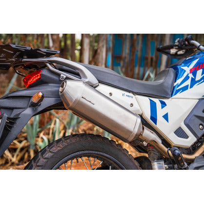 Close view of the Powerage brushed steel silencer on a Hero XPulse 200 4V