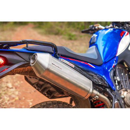 Close view of the Powerage brushed steel silencer on a Hero XPulse 210