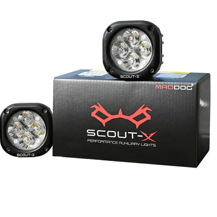 Maddog Scout-X performance auxiliary lights – 4800 lumens compact LED pods in black aluminum housing with IP67 rating.