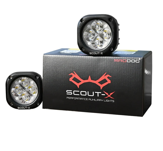 Maddog Scout-X performance auxiliary lights – 4800 lumens compact LED pods in black aluminum housing with IP67 rating.