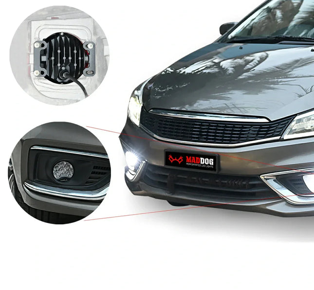 Front view of a car with installed MadDog LED fog light, close-ups show light details and wiring