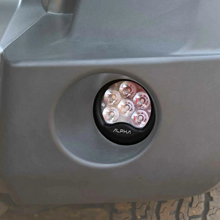 Close-up of Alpha LED off-road bumper light on vehicle, automotive performance part