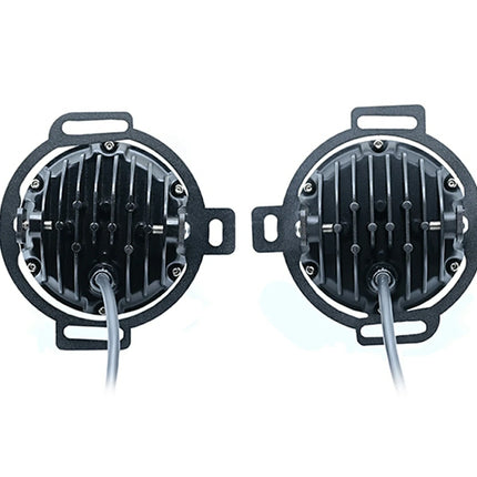 Pair of round black automotive LED lights with heat sinks and cables, RawTorque performance parts