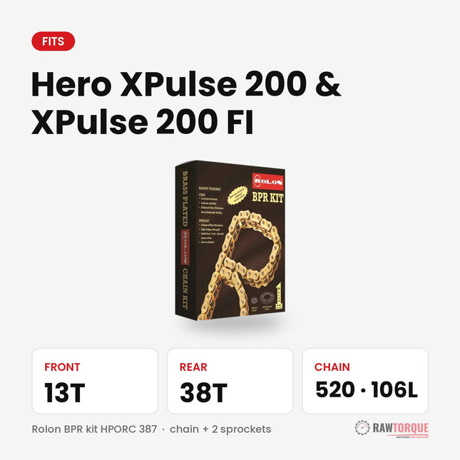 Rolon chain sprocket kit for Hero XPulse 200 & XPulse 200 FI: 13T front, 38T rear, 520 chain 106 links