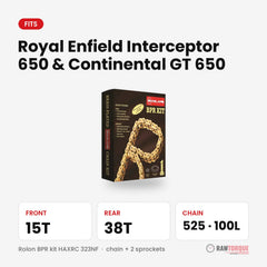 Rolon chain sprocket kit for Royal Enfield Interceptor 650 & Continental GT 650: 15T front, 38T rear, 525 chain 100 links