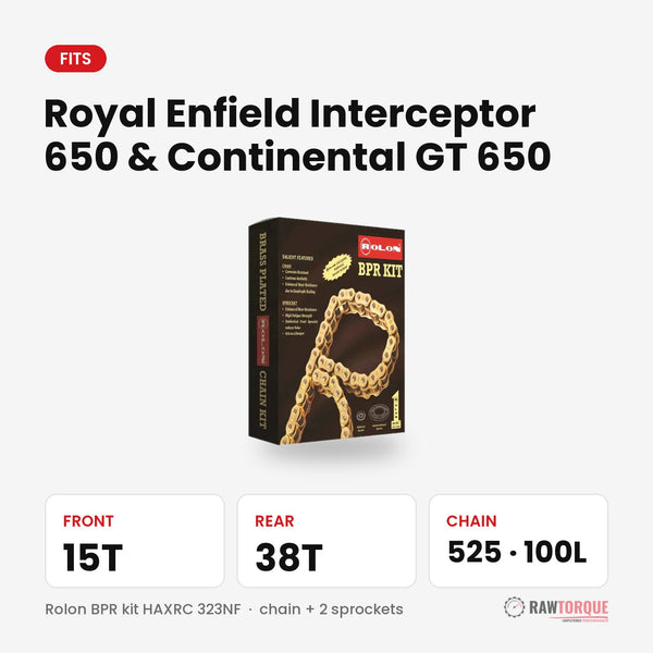Rolon chain sprocket kit for Royal Enfield Interceptor 650 & Continental GT 650: 15T front, 38T rear, 525 chain 100 links