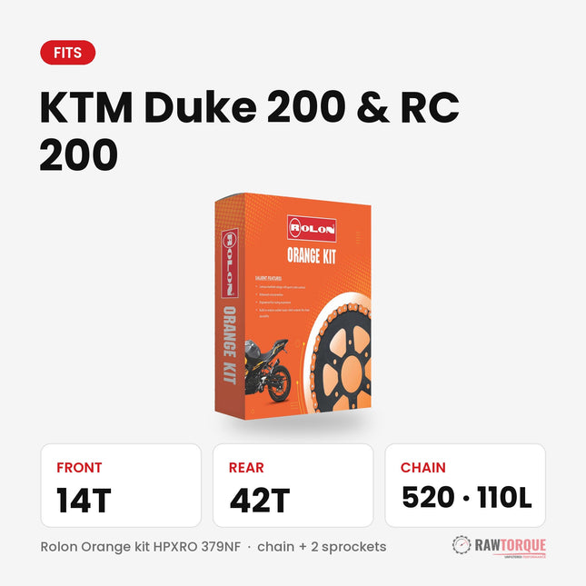 Rolon chain sprocket kit for KTM Duke 200 & RC 200: 14T front, 42T rear, 520 chain 110 links