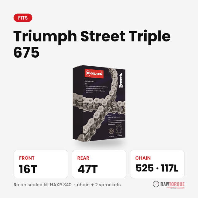 Rolon chain sprocket kit for Triumph Street Triple 675: 16T front, 47T rear, 525 chain 117 links