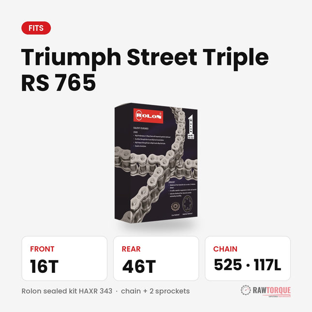 Rolon chain sprocket kit for Triumph Street Triple RS 765: 16T front, 46T rear, 525 chain 117 links