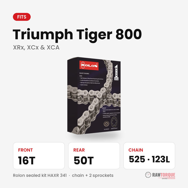 Rolon chain sprocket kit for Triumph Tiger 800: 16T front, 50T rear, 525 chain 123 links