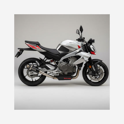 Aprilia Tuono 457 in white, left side view showing exhaust routing