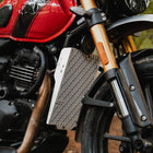 Legundary Triumph Scrambler 400 X Vector Radiator Grill Silver aluminium front guard installed
