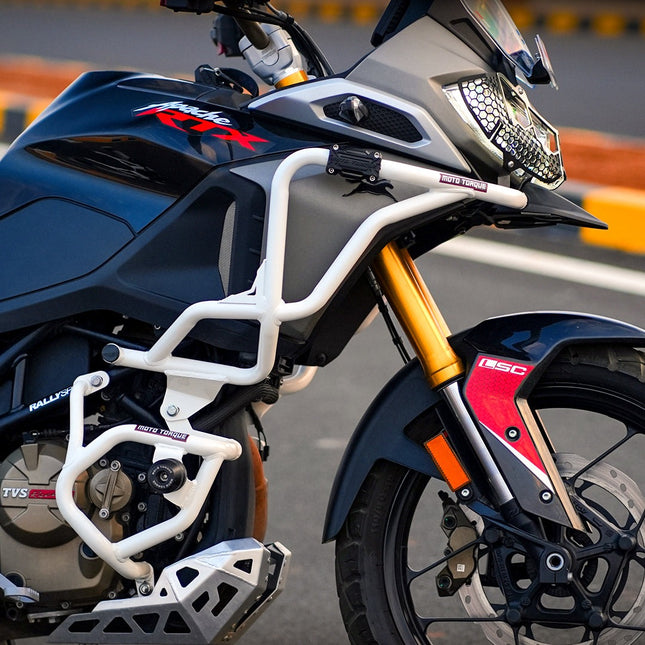 Moto Torque TVS Apache RTX 300 Stallion Pro Crash Guard White with sliders installed