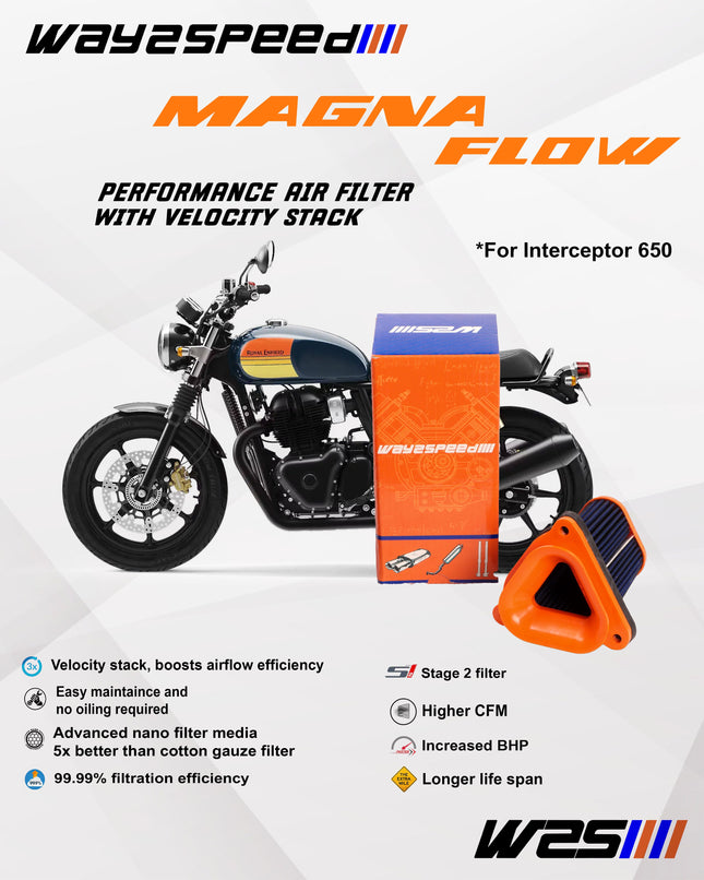 Way2Speed Magna Flow Stage 2 air filter with velocity stack for Royal Enfield Interceptor 650