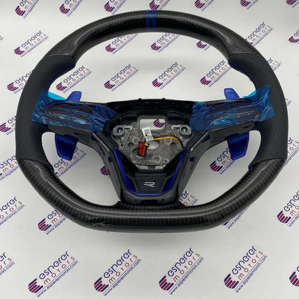 MK8 Carbon Steering Wheel with Blue Paddle Shifter Extensions for Volkswagen Virtus & Taigun