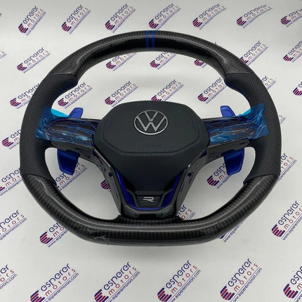 MK8 Carbon Steering Wheel with Blue Paddle Shifter Extensions for Volkswagen Virtus & Taigun