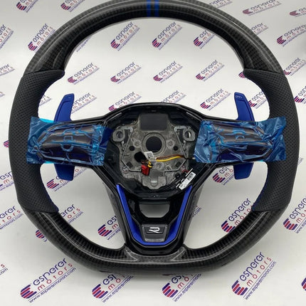 MK8 Carbon Steering Wheel with Blue Paddle Shifter Extensions for Volkswagen Virtus & Taigun