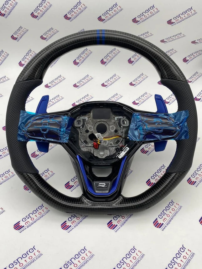 MK8 Carbon Steering Wheel with Blue Paddle Shifter Extensions for Volkswagen Virtus & Taigun