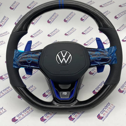 MK8 Carbon Steering Wheel with Blue Paddle Shifter Extensions for Volkswagen Virtus & Taigun