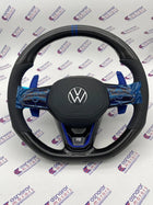 MK8 Carbon Steering Wheel with Blue Paddle Shifter Extensions for Volkswagen Virtus & Taigun