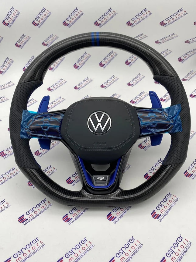 MK8 Carbon Steering Wheel with Blue Paddle Shifter Extensions for Volkswagen Virtus & Taigun