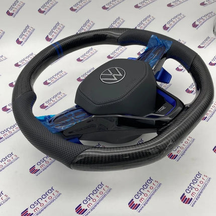 MK8 Carbon Steering Wheel with Blue Paddle Shifter Extensions for Volkswagen Virtus & Taigun